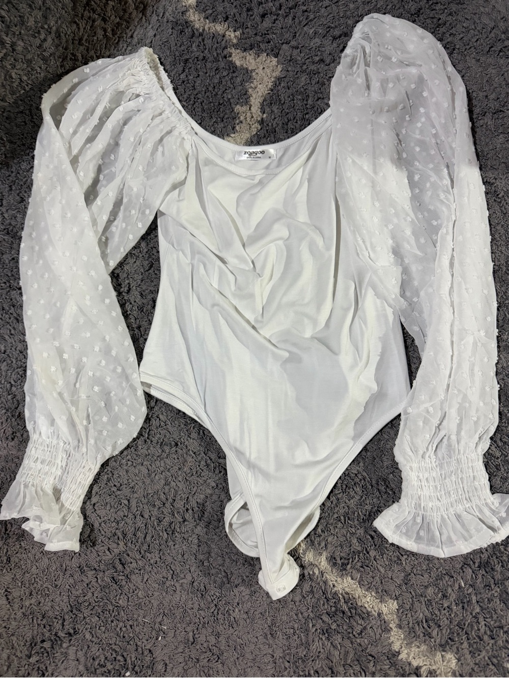 WhitePuff-Sleeve Bodysuit with Sheer Dobby Sleeves